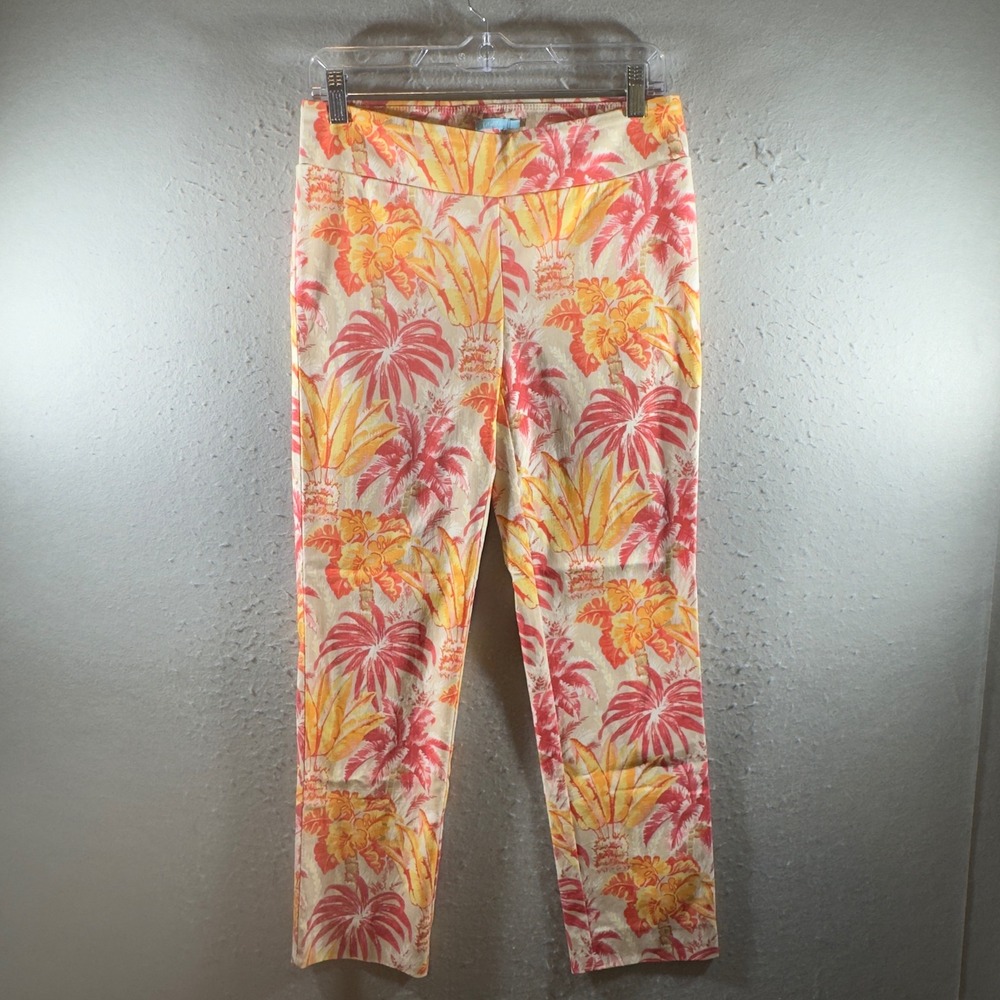 3016 | J.McLaughlin Tropical Palm Floral Print Slim Straight Pants Orange W6